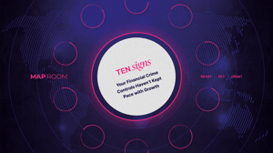 10 SIGNS TEXT IN FUCHSIA AND A FADED MAP ON A DARK BLUE BACKGROUND