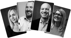 Talk to an expert. Four smiling Map Room experts presented on overlapping, fanned-out photo cards.